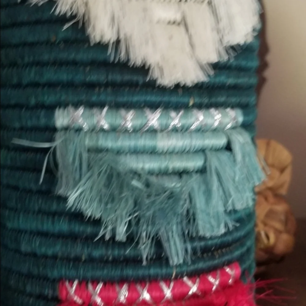 Handmade RWANDA VASE w glass insert fringe  boho tribal teal pink